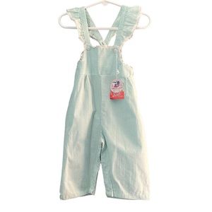 Vintage NWT Seersucker Green White Striped Rufffle Jumpsuit Overalls